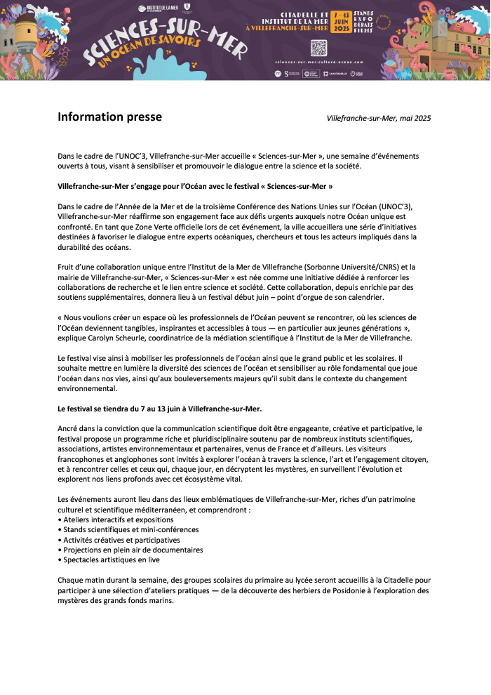 Festival Sciences-Sur-Mer: Information presse p1